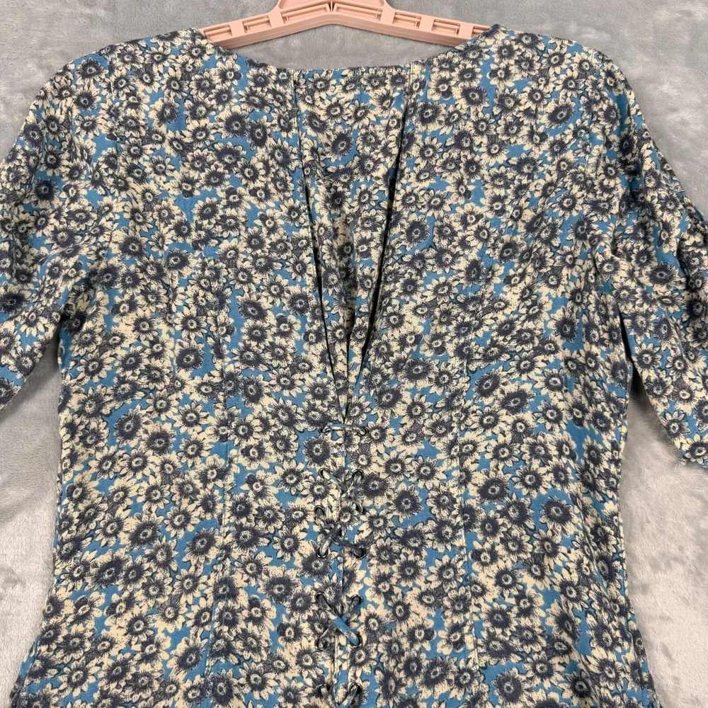 Free People Dress Women M Blue Floral Flower Power Mini Fit & Flare Boho Lace Up - Picture 9 of 11